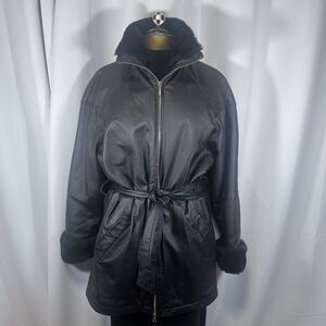 Wilsons Leather Black Faux Fur Lined Leather Belted Coat Sz Sm